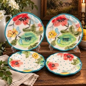 Pioneer Woman Floral Dinner Salad Plates Set of 4 Scalloped Turquoise Rim
